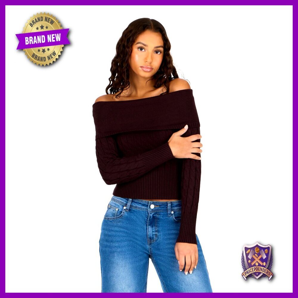Off Shoulder Cable Knit Pullover Sweater Slim Fit Rayon Blend